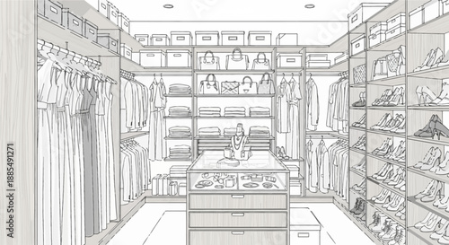 Detailed Sketch of Clothing Store Interior Design.