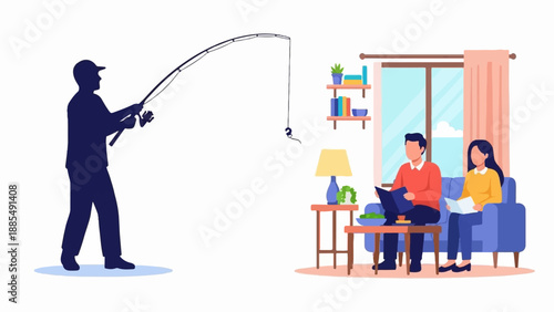 Angler silhouetted with rod; couple reading indoors by window