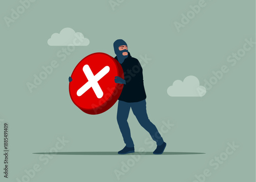 Thief stealing sign block. Red sign stop and rejection concept. Modern vector illustration in flat style