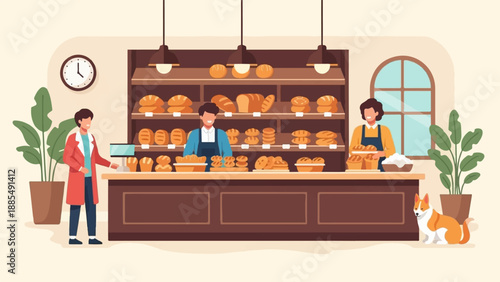 Cheerful bakery scene with staff, customer, dog, and baked goods