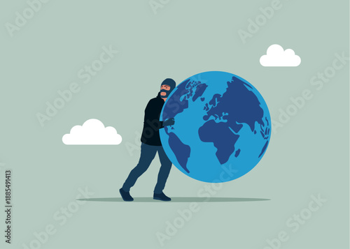 Criminal holding planet earth. Thief stealing world. Modern vector illustration in flat style