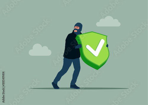 Thief stealing check mark. Incident management, solving problem, identify risk. Yes, completion, verification, approval. Modern vector illustration in flat style