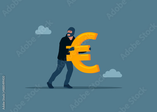 Thief stealing euro symbol, burglar with money. Fraud and failure business. Flat vector illustration