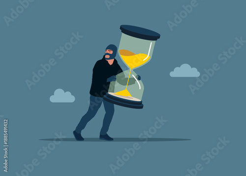 Thief in a black glove holding hourglass. Thief stealing sandglass, burglar with work deadline or time management. Vector flat illustration