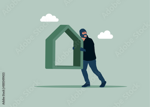 Thief stealing house. Theft of property. Robber breaking in house. Modern vector illustration in flat style