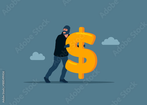 Thief stealing dollar symbol, burglar with money. Fraud and failure business. Flat vector illustration