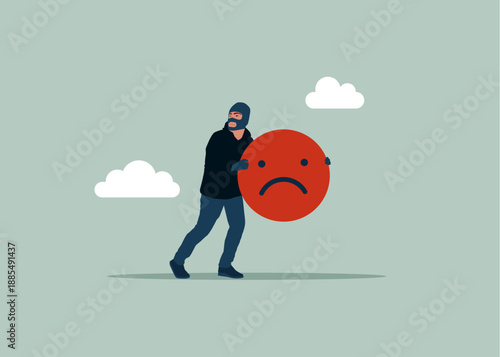 Thief stealing negatively face emoji. Theft of property. Modern vector illustration in flat style