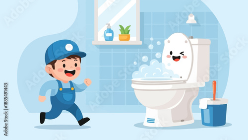 Cheerful cartoon boy in overalls runs towards a smiling toilet with bubbles