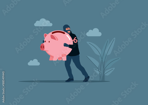 Thief stealing piggy bank, burglar with money. Fraud and failure business. Flat vector illustration