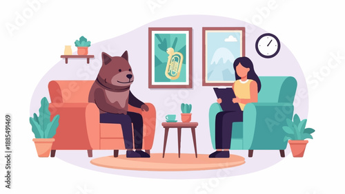 Animal-human therapy session in a cozy living room setting