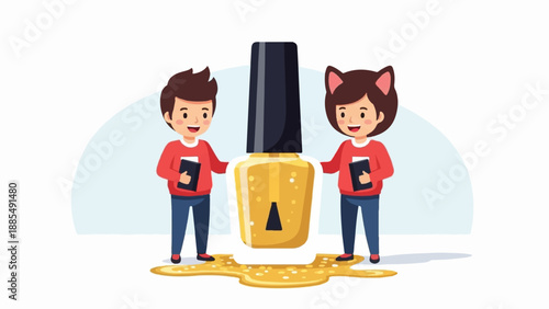 Cheerful cartoon characters stand by a large bottle of yellow nail polish