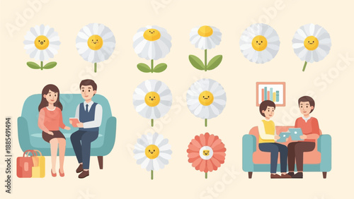 Animated daisies and people in conversation on sofas in a light-colored setting