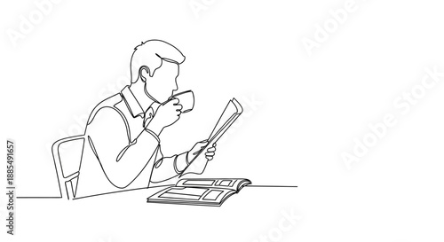 Man Reading Newspaper and Drinking Coffee.