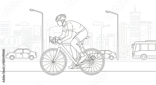 Cyclist Riding Bike in City Street.
