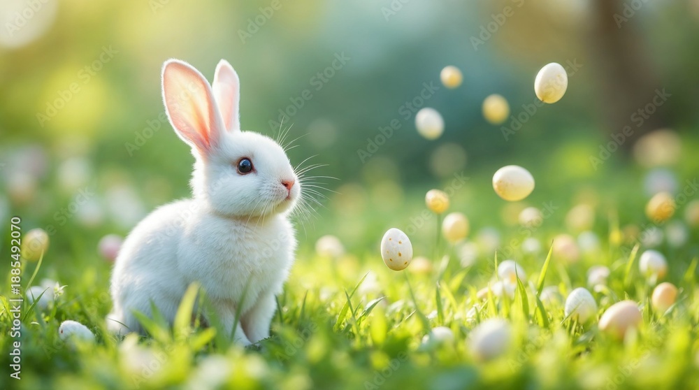 Fototapeta premium White rabbit in a green meadow with floating Easter eggs. Whimsical spring background with speckled eggs and warm sunlight. Magical holiday concept for banner or greeting card