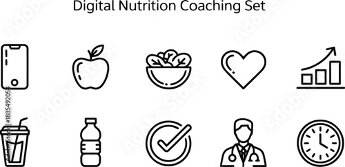 A set of outline icons illustrating digital nutrition coaching and healthy lifestyle tracking