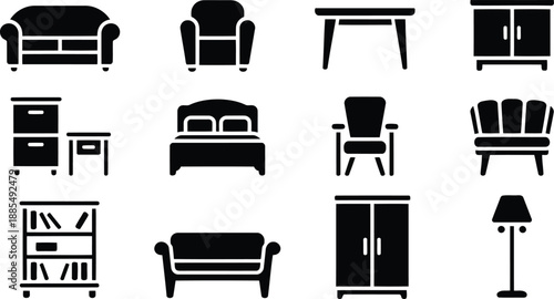 A varied assortment of black silhouette icons depicting essential furniture for different rooms