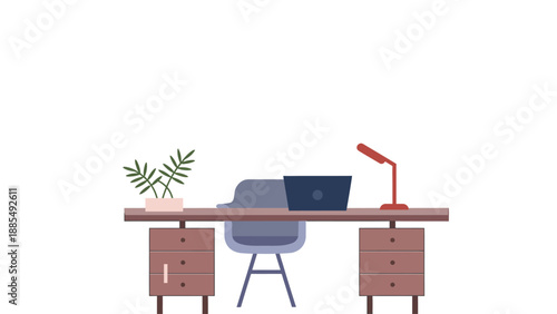 A modern home office setup with a laptop and plant on a large wooden desk