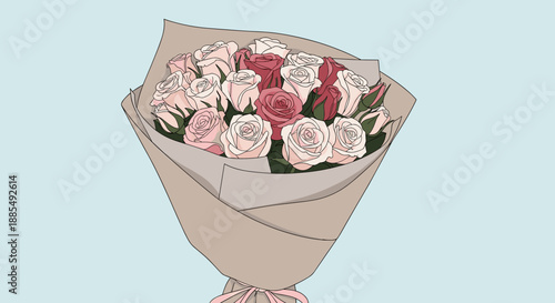 Beautiful bouquet of pink and white roses is wrapped in brown paper and tied with a ribbon for a romantic gift.