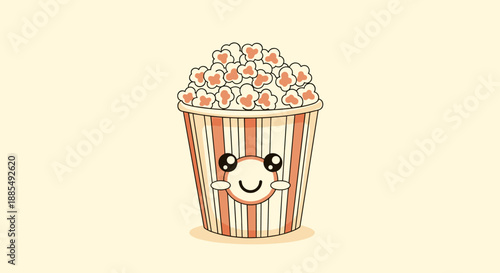 Cute cartoon illustration of a smiling striped bucket overflowing with buttered popcorn kernels on a simple cream background.