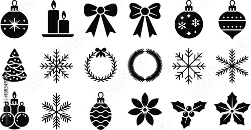 A varied collection of black silhouette Christmas decorations and festive holiday emblems