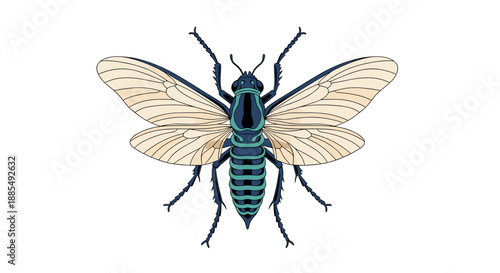 Symmetrical illustration of a cicada insect with spread transparent wings showing intricate vein patterns and a segmented body.