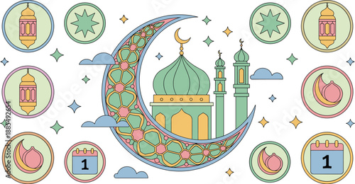 Ramadan celebration illustration, crescent moon design, mosque with minarets, lanterns, stars, calendar icons, Islamic culture, vibrant colors, symmetry - flat vector illustration