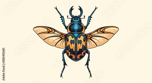 Vibrant colorful illustration of a scarab beetle with metallic blue and orange patterns on its body and outspread wings in flight.