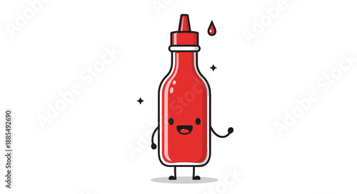 Smiling cartoon character of a red hot sauce bottle with arms and legs waving a friendly greeting to the viewer on a white background.