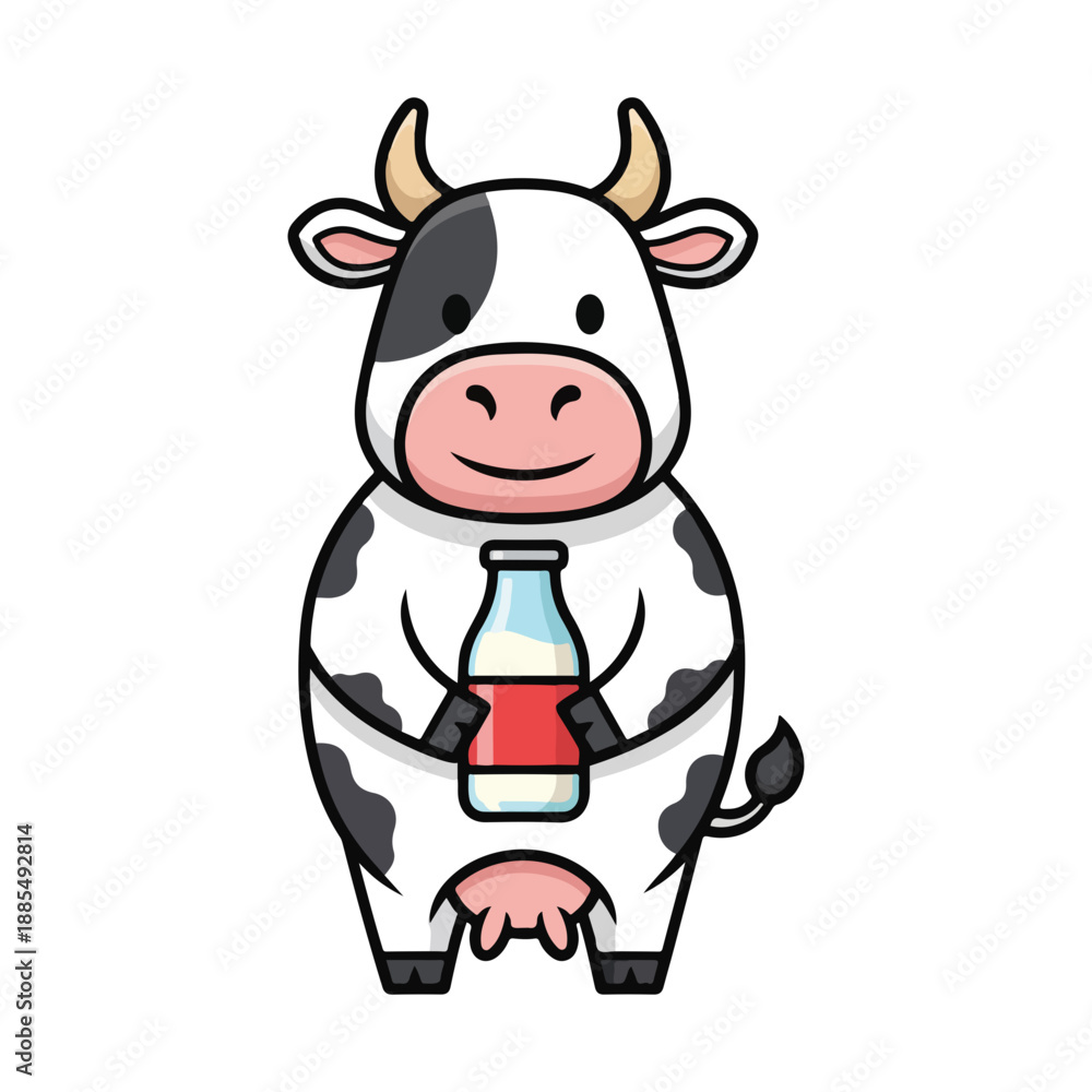 Obraz premium Cute Cartoon Cow Holding Milk Bottle Dairy Mascot Character