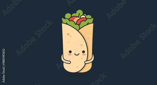 Adorable cartoon burrito character with a smiling face and small arms wrapped in a golden tortilla on a dark navy blue background.