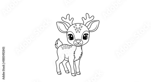 Sweet black and white line art drawing of a baby deer or fawn with white spots and large eyes in a standing pose on white background.