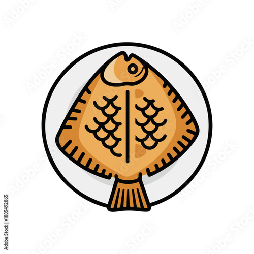 Cooked Fish on Plate Icon Flatfish Seafood Meal Dinner Symbol