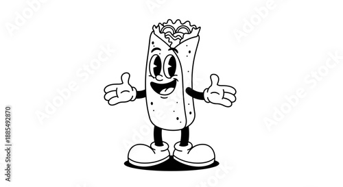 Funny retro cartoon burrito character with gloved hands and a happy expression is shown in a classic black and white style.
