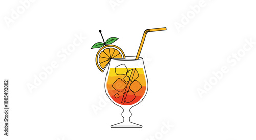 Refreshing tropical sunset cocktail with ice cubes and an orange slice is served in a glass with a straw and garnish.