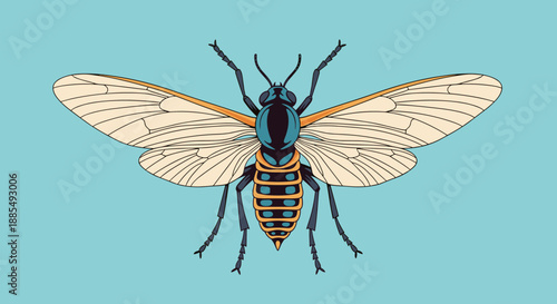 Colorful hornet or wasp illustration features orange and black markings on a light blue background for a bold look.