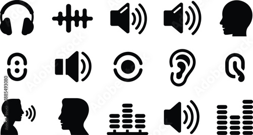 A varied collection of black icons representing sound, audio, hearing, speech, and processing indicators on white