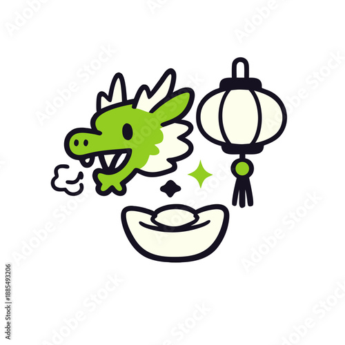 Green dragon lantern and gold ingot  perfect for fantasythemed designs, chinese new year concepts, and festive event promotions.