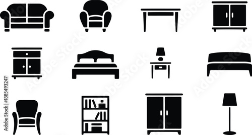 A versatile set of black silhouette icons showcasing essential home and office furniture items for diverse projects