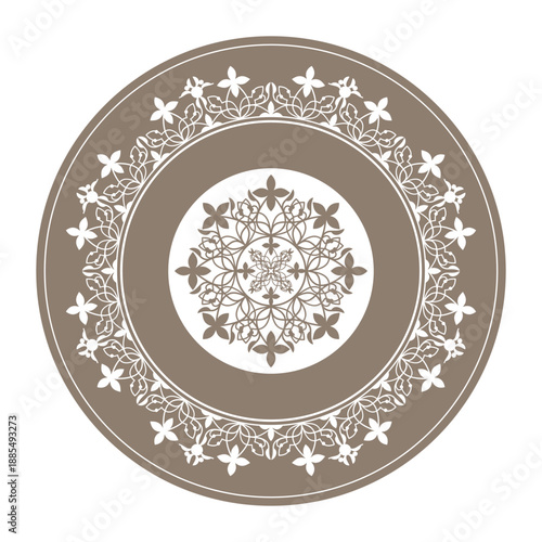 Beautiful gold round frame arabesques. Golden white plate with floral design. Vintage, ethnic vector frame with arabesques EPS. Pattern frame for round surfaces, textiles, embroidery, plate, porcelain