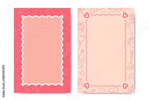 Romantic hand drawn frame with hearts and cute doodles in soft pink pastel colors. Valentine's day background with copy space for text, greeting card, invitation, poster, social media or print design.