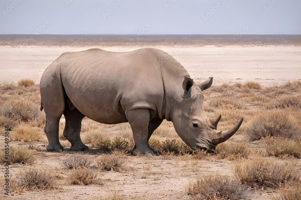 Fototapeta premium Wild Rhinoceros Grazing in Dry Savanna Landscape under Natural Light