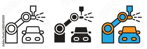 Robotic car painting arm icons set in three styles for automotive industry and assembly line.