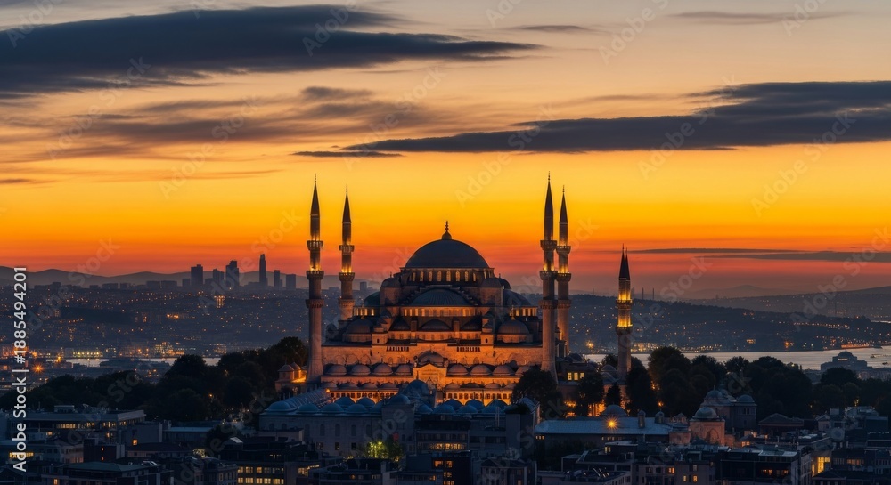 Obraz premium Grand Mosque Illuminated at Sunset over Cityscape