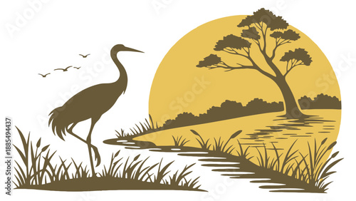 A serene illustration of a heron standing by a body of water with a tree and sunset in the background.