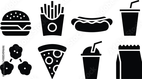 Assortment of classic fast food icons including burgers, french fries, hot dogs, pizza slices, and drinks