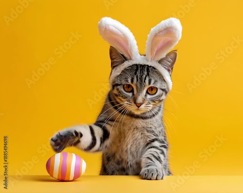 Cute tabby kitten wearing white bunny ears headband playing with Easter eggs on yellow background