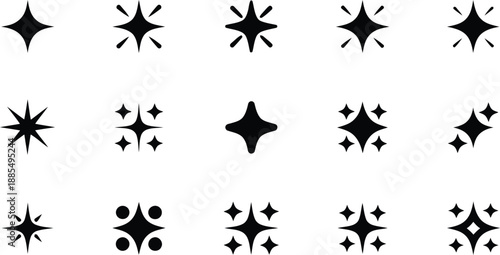 Black minimalist sparkle and shine icons in various styles on a pristine white background