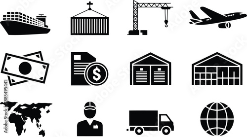Black silhouette icons illustrating various aspects of global logistics, shipping, finance, and industrial operations