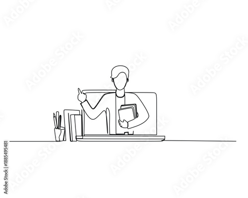 Minimalist continuous line art depicts a student or teacher actively participating in online education, holding books and pointing while using a laptop with study supplies